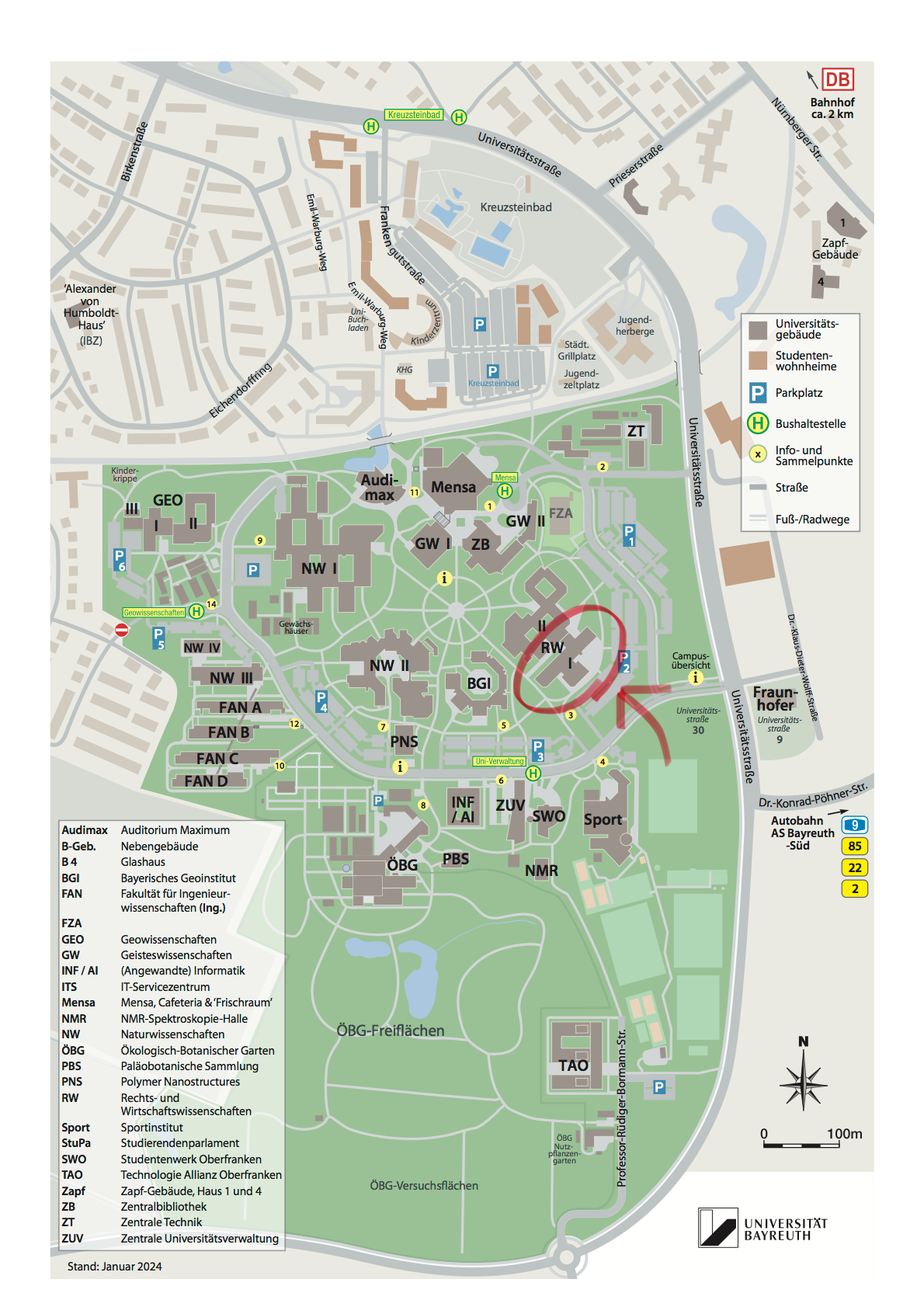 Campusplan der Universität, mit dem Gebäude RW I eingekreist